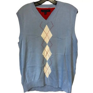 Y2K Tommy Hilfiger Men's Sweater Vest V neck Size L 100% Cotton blue diamonds